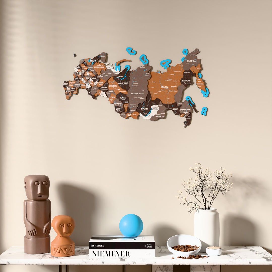 Soil Russia wooden wall map above a marble console, front view
