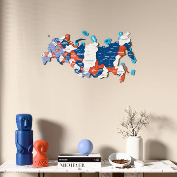 Flag colored Russia wooden wall map above a marble console, front view