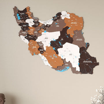 Wide angled view of the Soil Iran wooden wall map with caramel and chocolate provinces