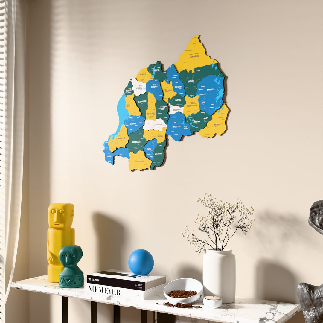 Flag colored Rwanda wooden wall map beside a sheer curtain, angled view