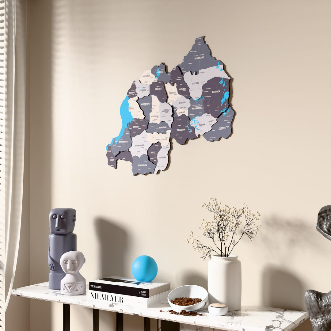 Nimbus Rwanda wooden wall map beside a sheer curtain, angled view