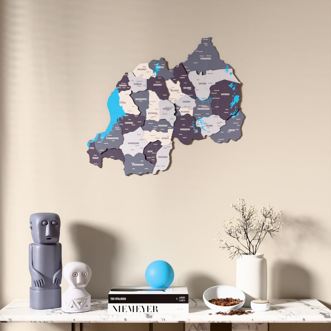 Nimbus Rwanda wooden wall map above a marble console, front view
