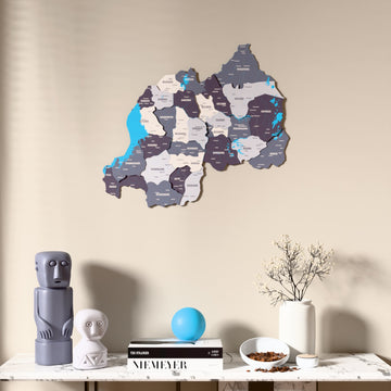 Nimbus Rwanda wooden wall map above a marble console, front view