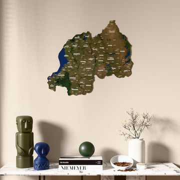 Satellite Rwanda wooden wall map above a marble console, front view