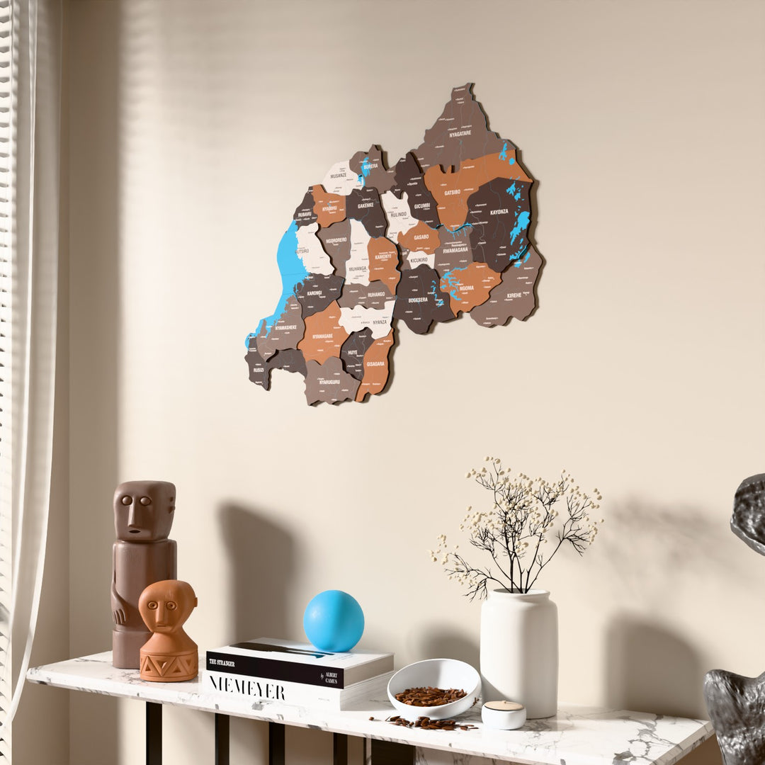 Soil Rwanda wooden wall map beside a sheer curtain, angled view