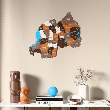 Soil Rwanda wooden wall map above a marble console, front view