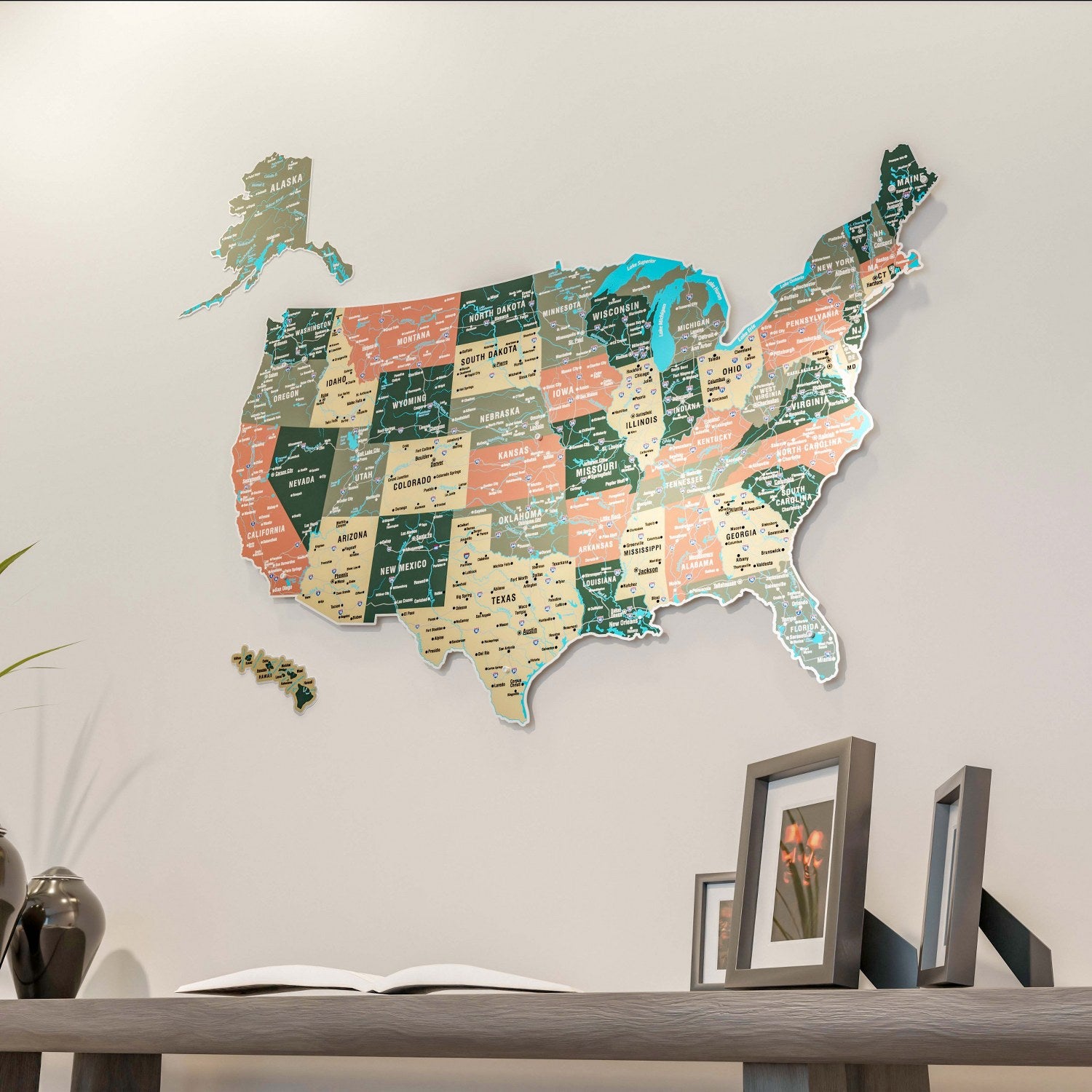 Sage Colors Metal Map of USA - UV Print on Metal Wall Art