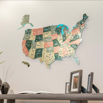 Sage metal USA wall map on a white wall with the console and a framed photo in the lower right