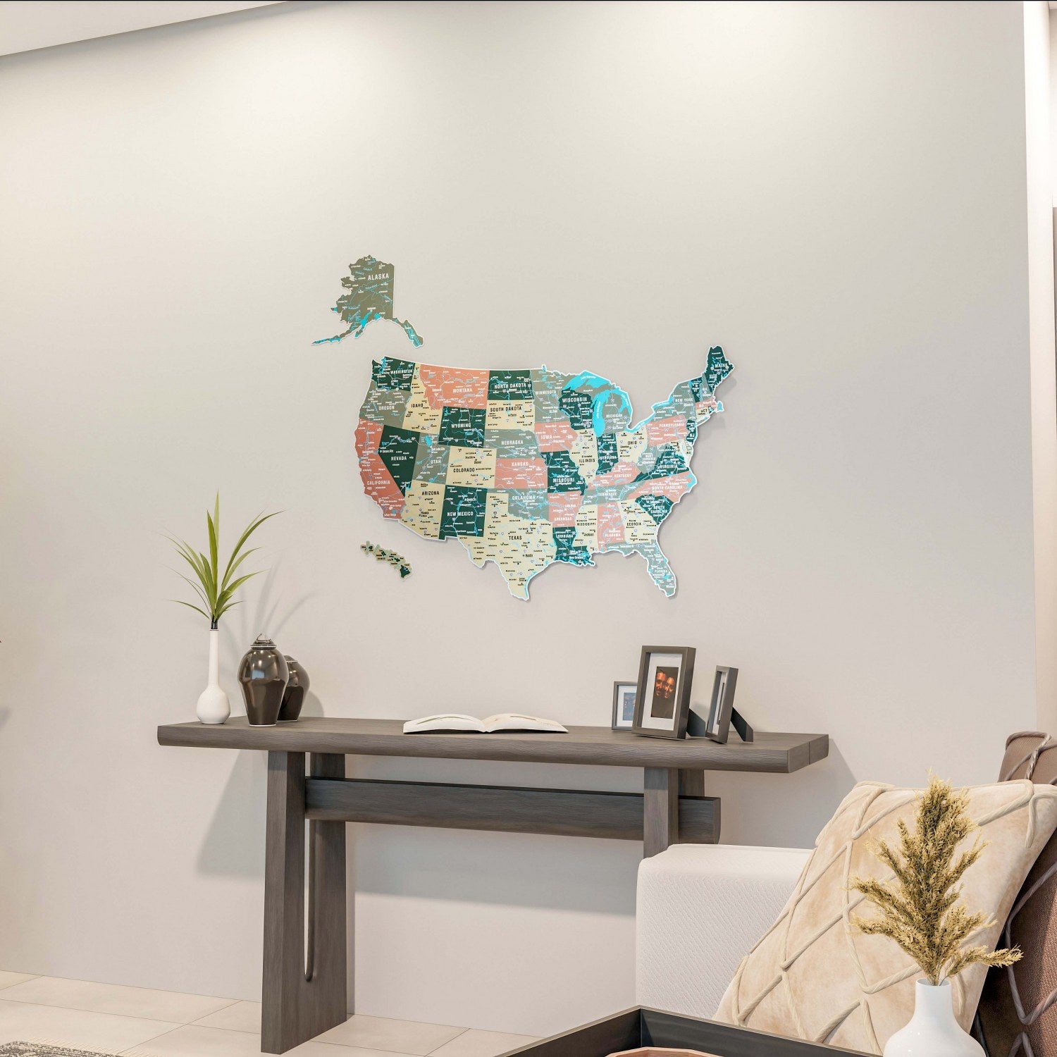 Sage Colors Metal Map of USA - UV Print on Metal Wall Art
