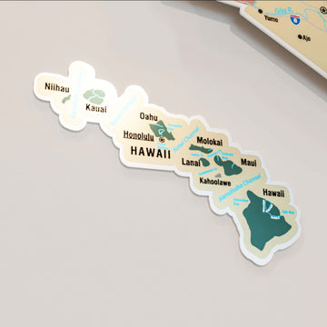 Close-up of the Hawaiian Islands panel on the sage metal USA map with island names