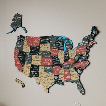 Large Sage United States wooden wall map on a beige wall, showing Alaska, Hawaii and layered state panels