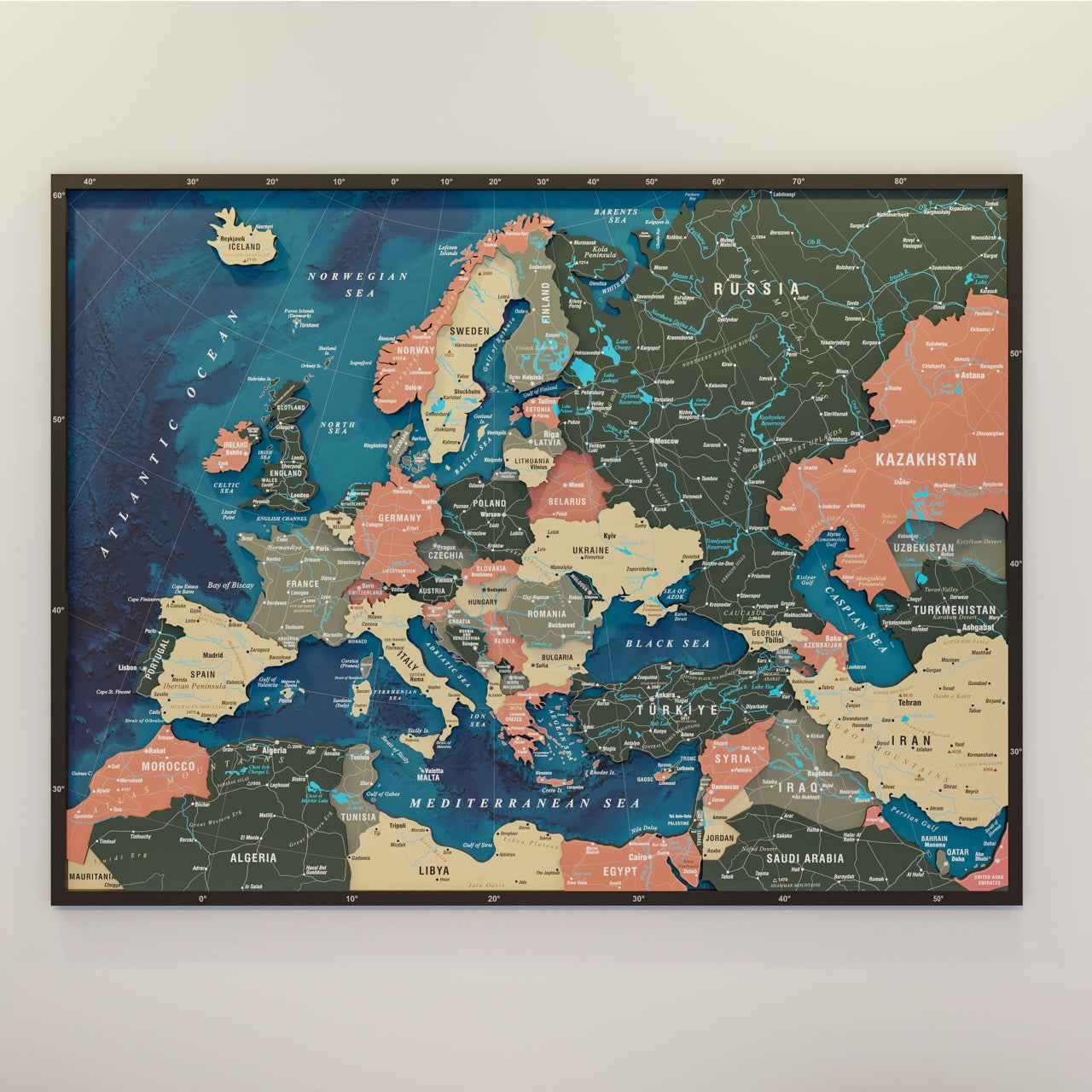 Wooden Europe Map with Rivers & Details (Sage) – ColorfullWorlds