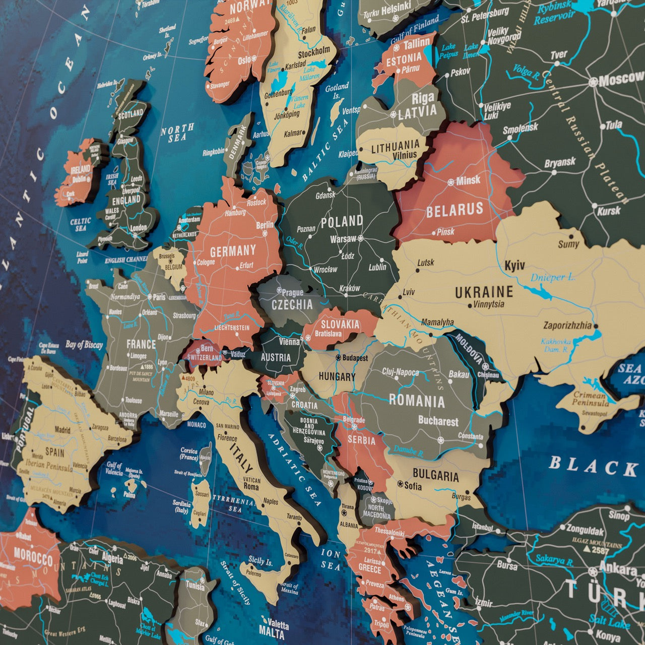 Wooden Europe Map with Rivers & Details (Sage) – ColorfullWorlds