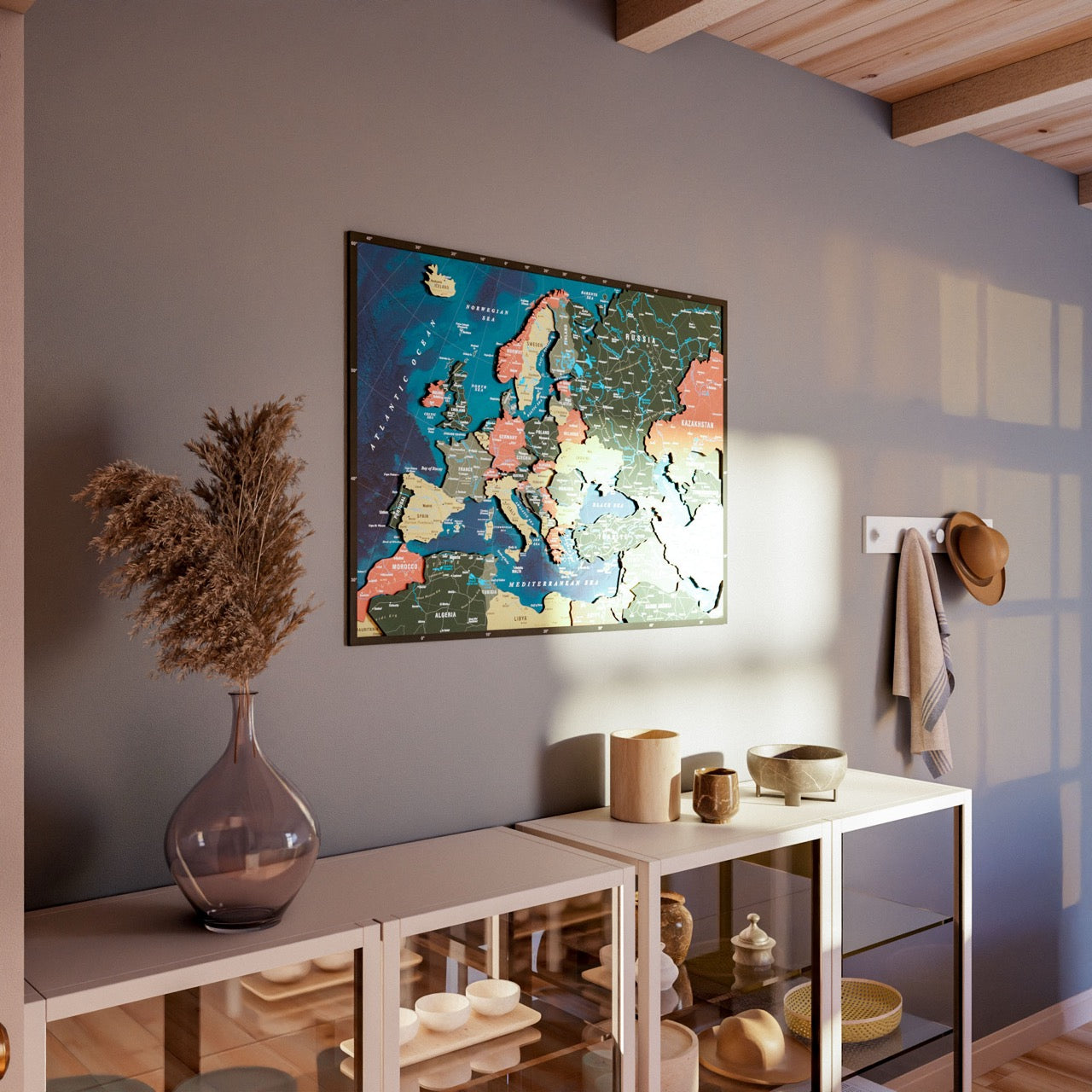 Wooden Europe Map with Rivers & Details (Sage) – ColorfullWorlds