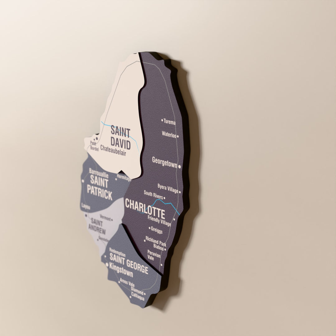 Close-up of the Nimbus Saint Vincent and the Grenadines wooden wall map with layered regions and printed names