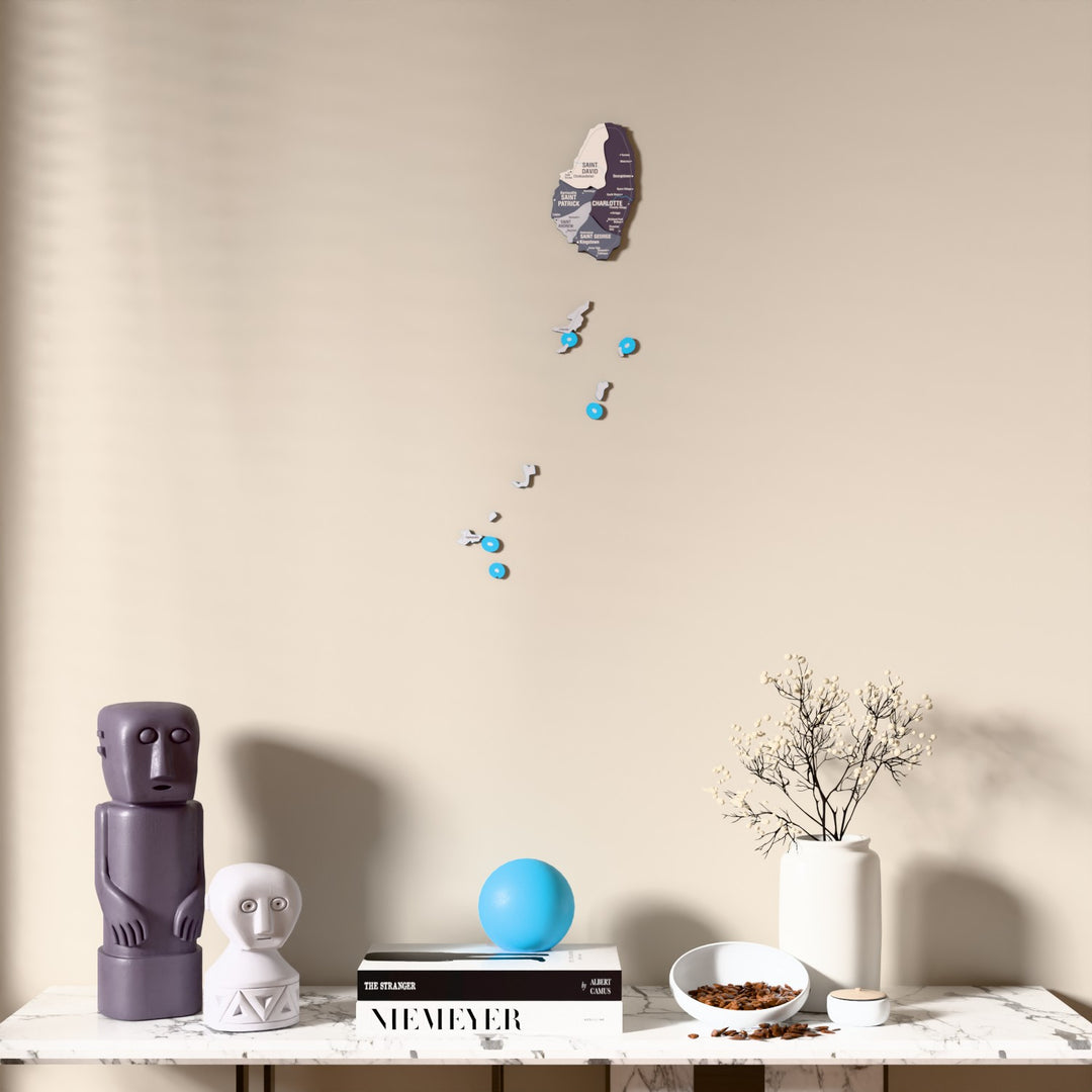 Nimbus Saint Vincent and the Grenadines wooden wall map above a marble console, front view