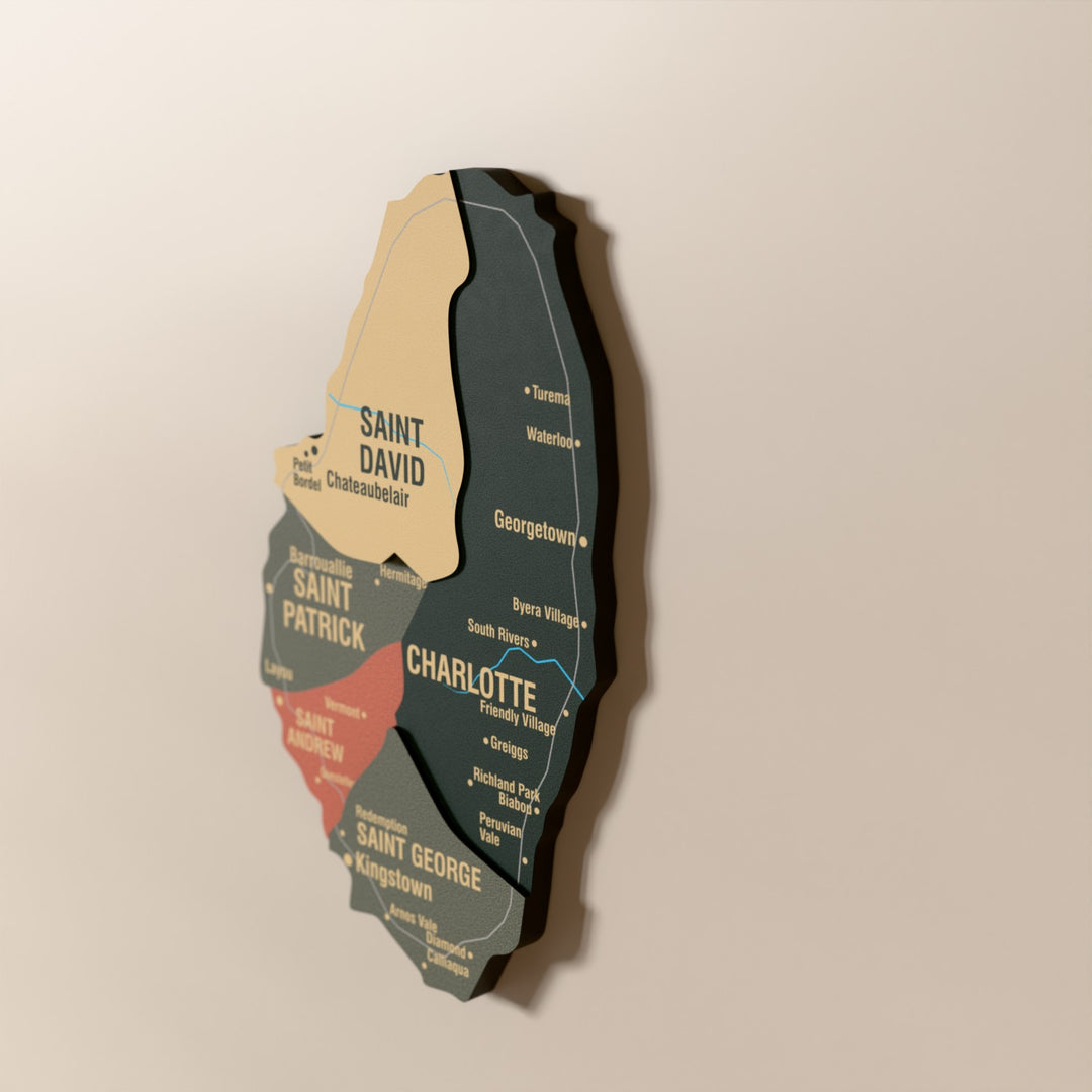 Close-up of the Sage Saint Vincent and the Grenadines wooden wall map with layered regions and printed names