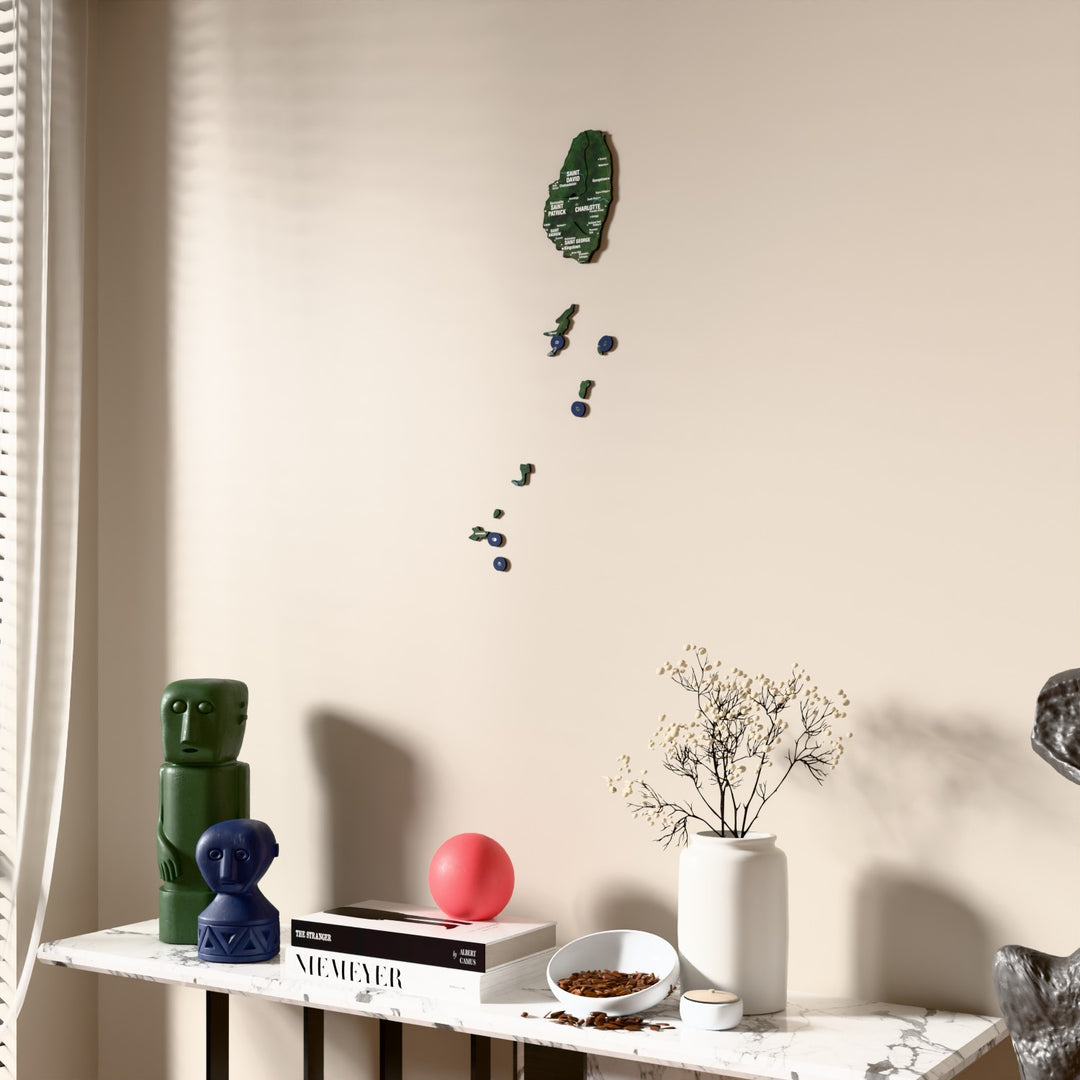 Satellite Saint Vincent and the Grenadines wooden wall map beside a sheer curtain, angled view