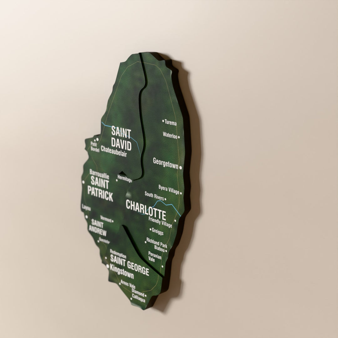 Close-up of the Satellite Saint Vincent and the Grenadines wooden wall map with layered regions and printed names