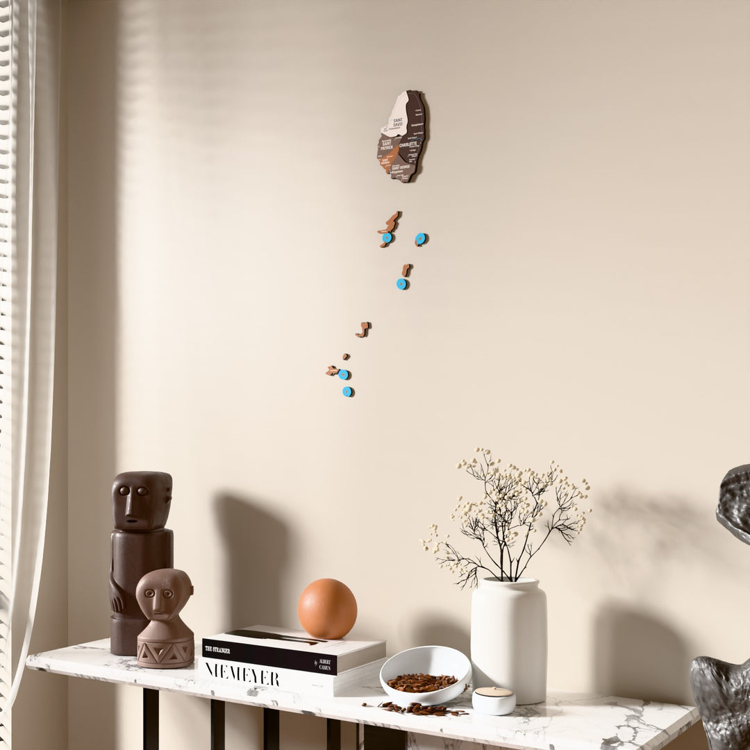 Soil Saint Vincent and the Grenadines wooden wall map beside a sheer curtain, angled view