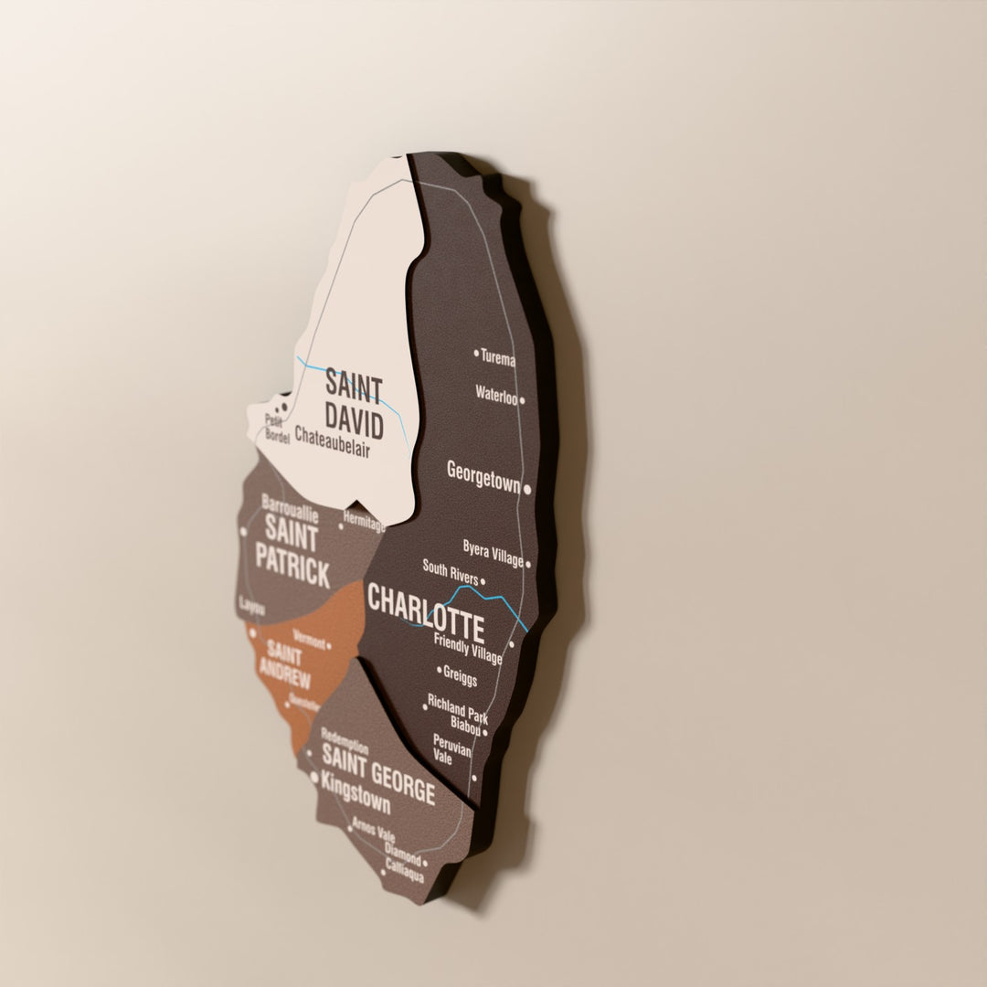Close-up of the Soil Saint Vincent and the Grenadines wooden wall map with layered regions and printed names