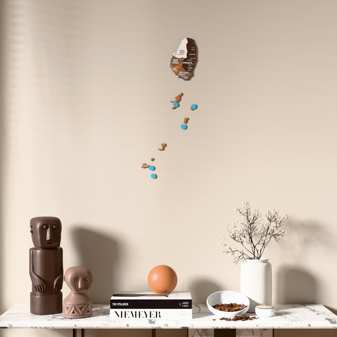 Soil Saint Vincent and the Grenadines wooden wall map above a marble console, front view