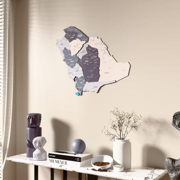Nimbus Saudi Arabia wooden wall map beside a sheer curtain, angled view