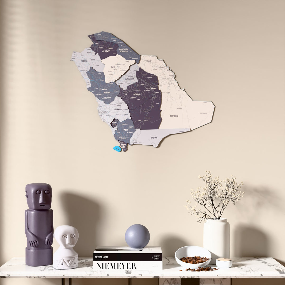 Nimbus Saudi Arabia wooden wall map above a marble console, front view