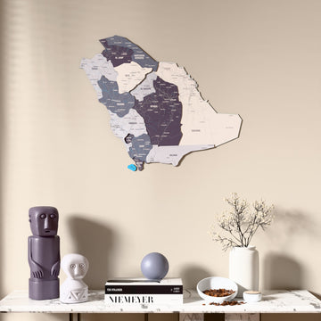 Nimbus Saudi Arabia wooden wall map above a marble console, front view