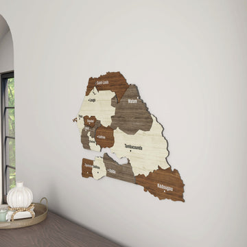 Senegal wooden wall map with region names near a window, angled view