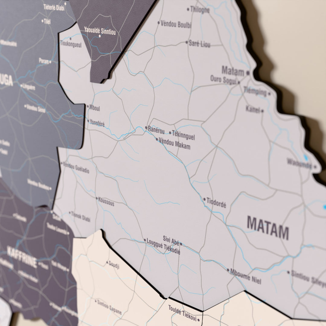 Close-up of the Nimbus Senegal wooden wall map with layered regions and printed names