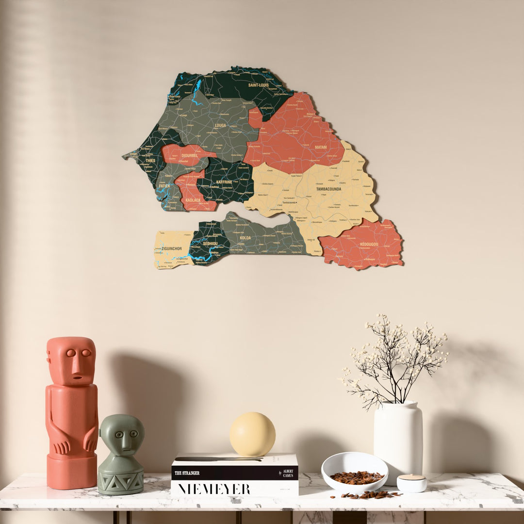 Sage Senegal wooden wall map above a marble console, front view