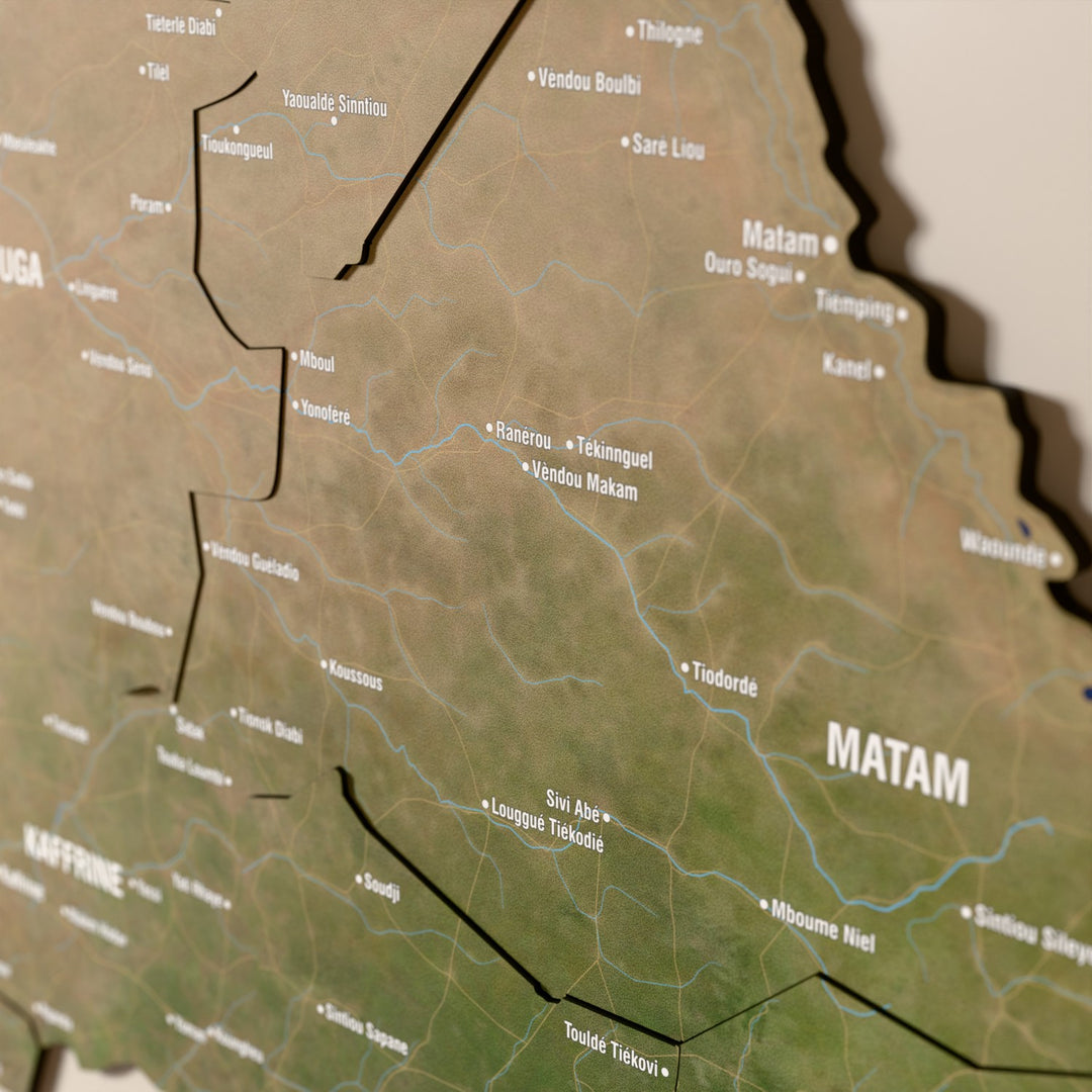 Close-up of the Satellite Senegal wooden wall map with layered regions and printed names