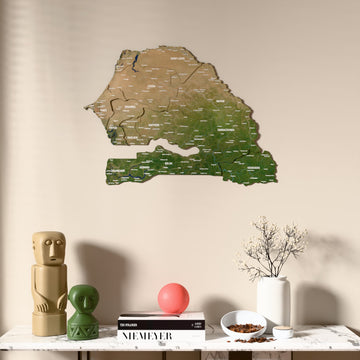 Satellite Senegal wooden wall map above a marble console, front view