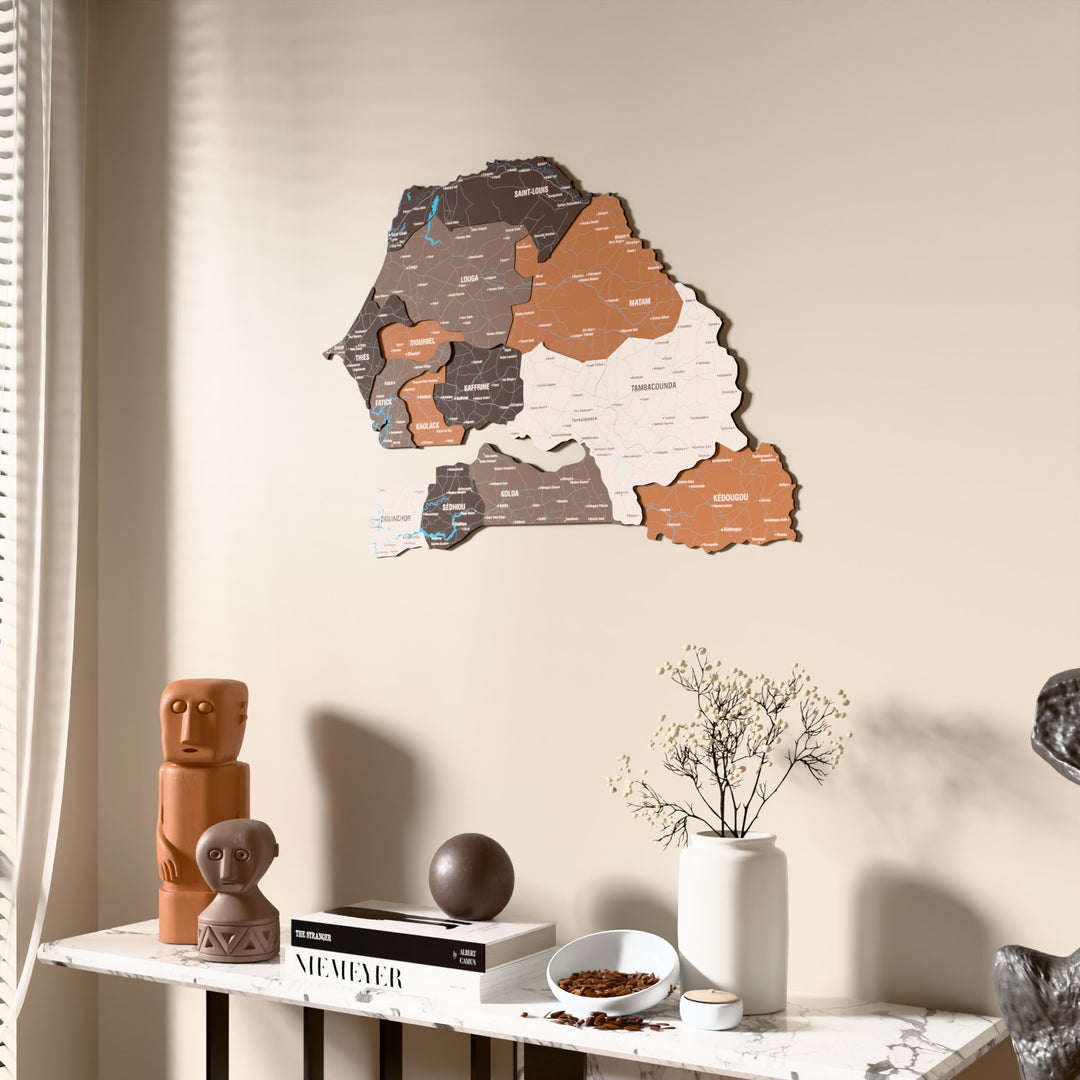 Soil Senegal wooden wall map beside a sheer curtain, angled view