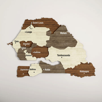 Senegal wooden wall map with regional labels in brown, gray and cream layered wood, front view