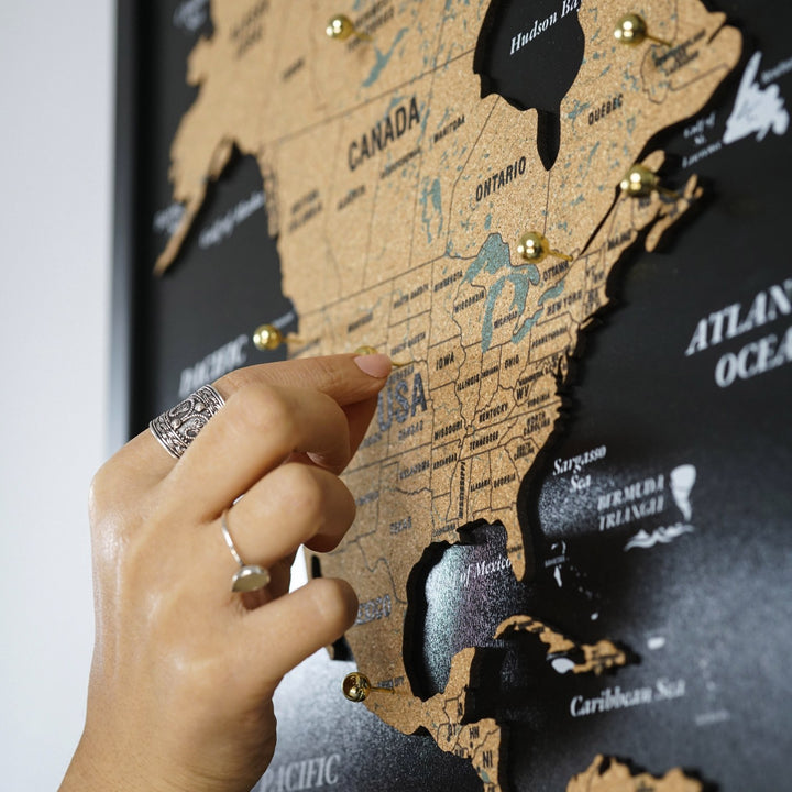 Framed Cork Push Pin World Map - Travel Tracker Wall Art