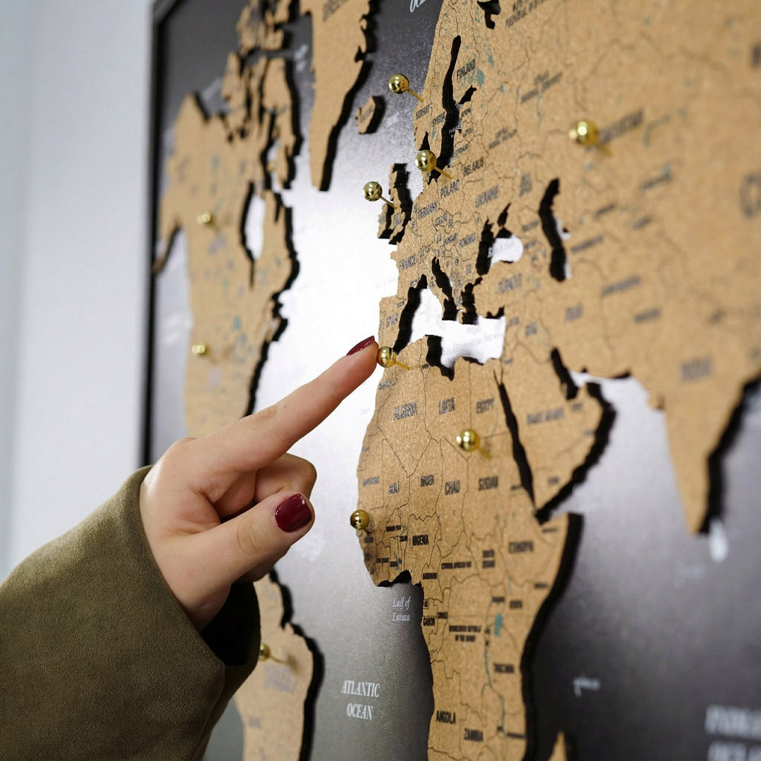 Framed Cork Push Pin World Map - Travel Tracker Wall Art