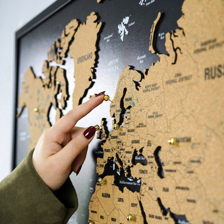 Framed Cork Push Pin World Map - Travel Tracker Wall Art
