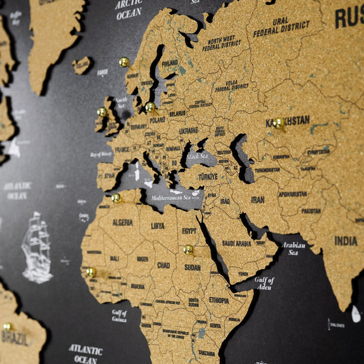 Framed Cork Push Pin World Map - Travel Tracker Wall Art