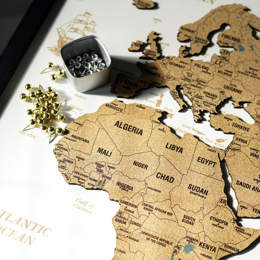 Framed Cork Push Pin World Map - Travel Tracker Wall Art