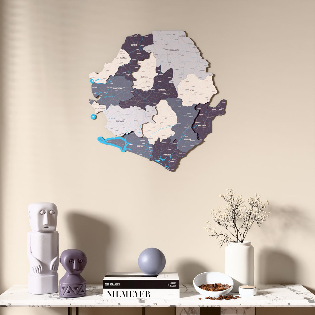Nimbus Sierra Leone wooden wall map above a marble console, front view
