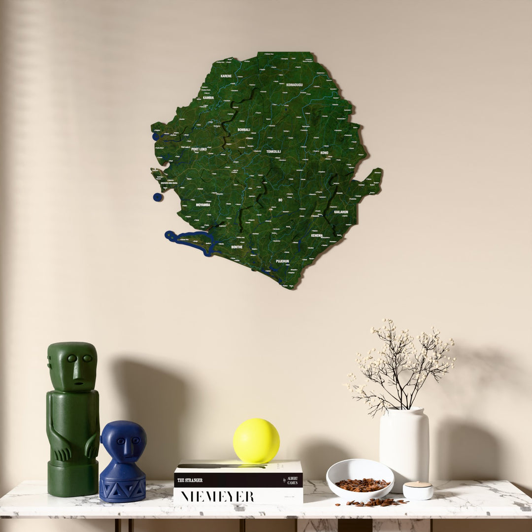 Satellite Sierra Leone wooden wall map above a marble console, front view