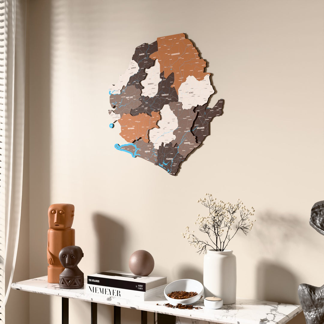 Soil Sierra Leone wooden wall map beside a sheer curtain, angled view