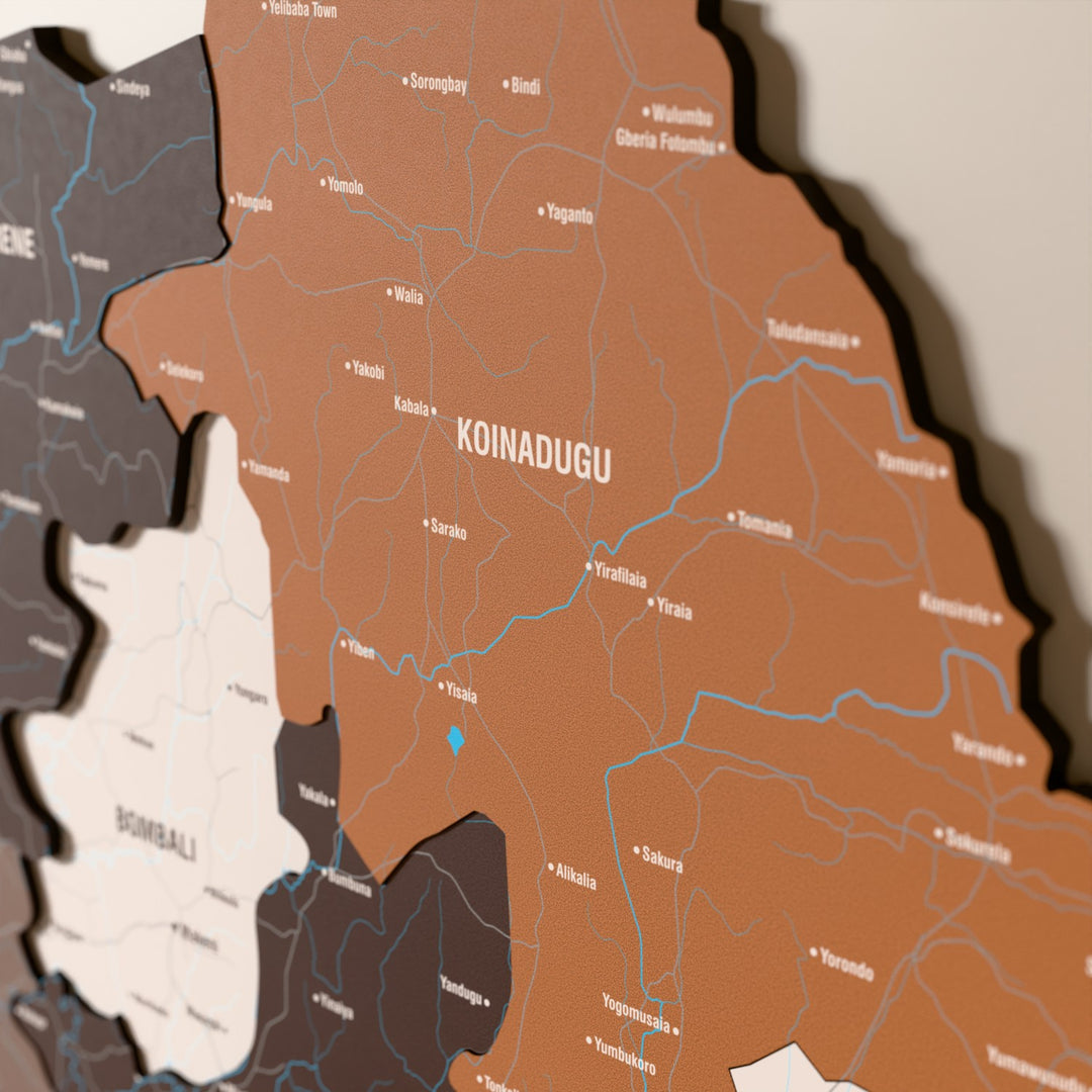 Close-up of the Soil Sierra Leone wooden wall map with layered regions and printed names