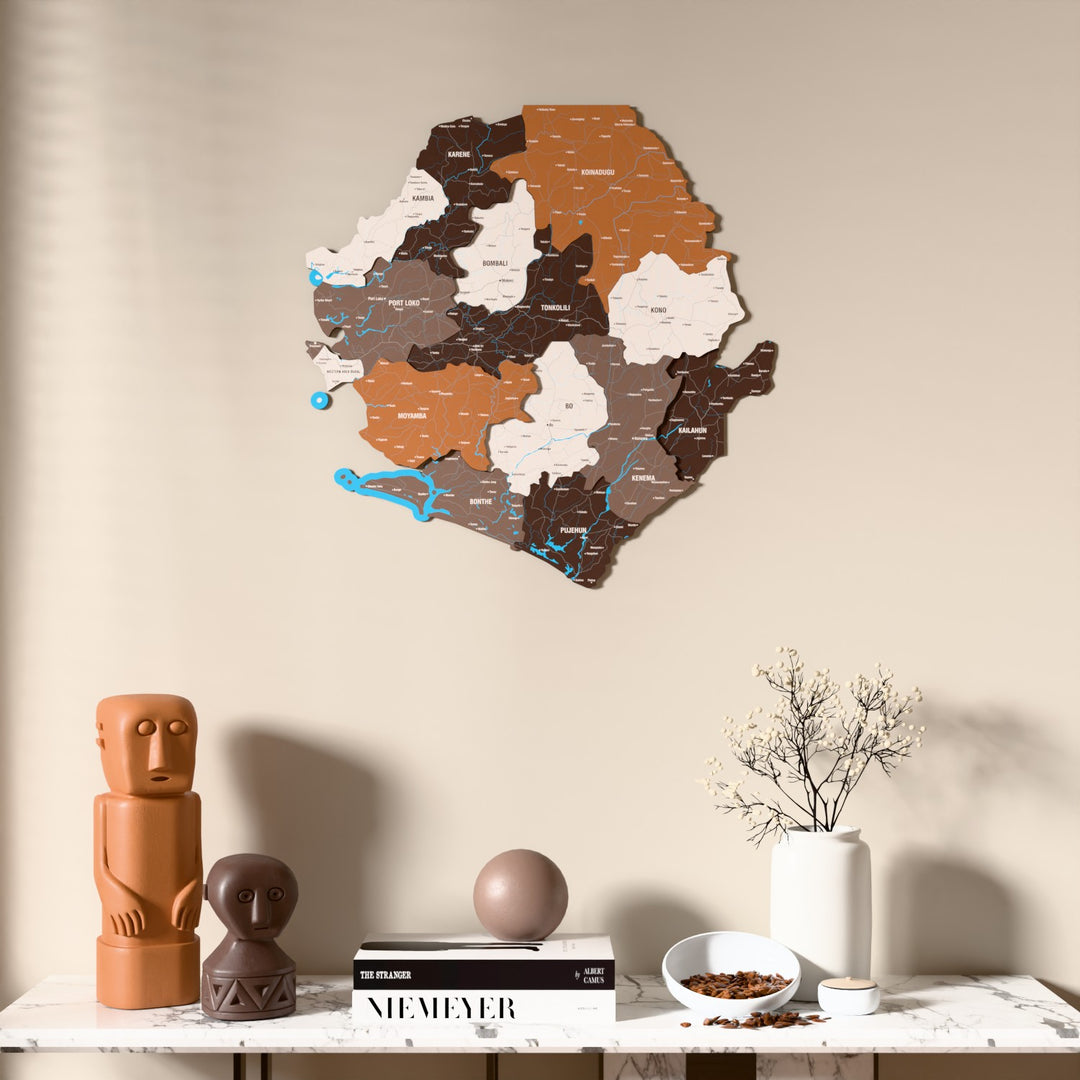 Soil Sierra Leone wooden wall map above a marble console, front view