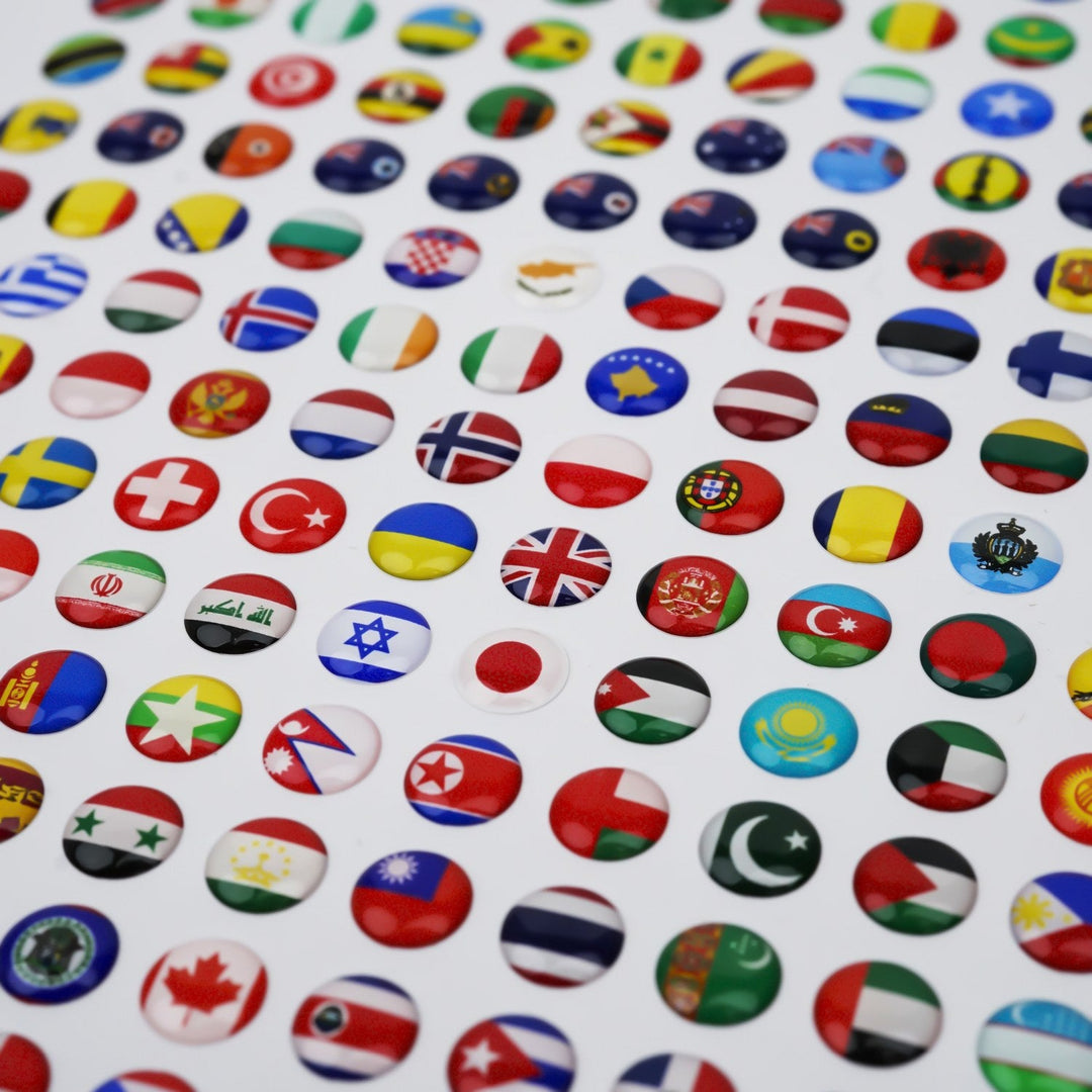 276 silicone map pin set, close-up of country flag pins including Japan, Türkiye and the UK