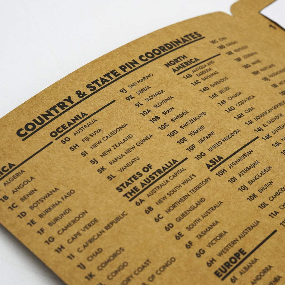 Country and state pin coordinate list on the kraft cover, with Oceania, Asia and Europe headings
