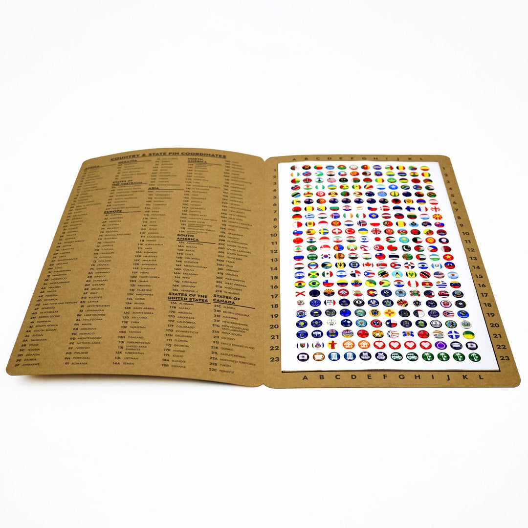 276 silicone map pin set with the kraft cover open, showing the flag pins and the coordinate list