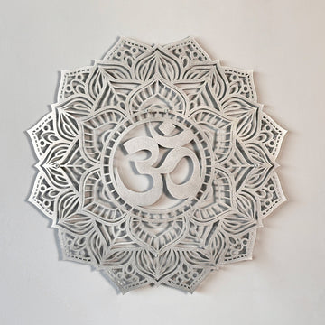 Silver OM mandala metal wall art with a lotus-petal cutout pattern around a raised OM symbol